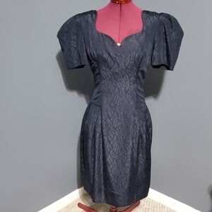 Vintage Neiman Marcus Navy Blue Puff Sleeve Sheath Dress 100% Silk Size 10